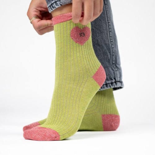 Chaussettes Pailletées Coeur Vert et Rose – Image 2